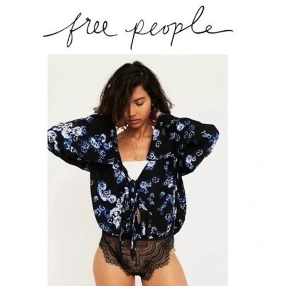 NWT Free People Intimately Floral Bodysuit Black Blue Tie Front Lace S OB700661